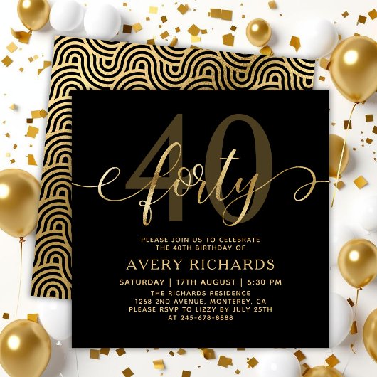 Invitation Élégant Script Quarty Gold Noir 40e anniversaire