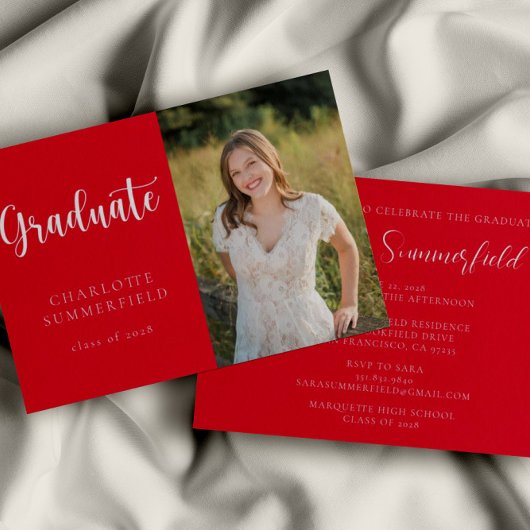 Invitation Élégant Script Red White Photo Graduation