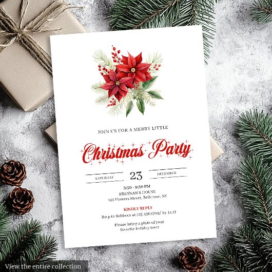Invitation Elegant Script Red White Poinsettia Christmas 