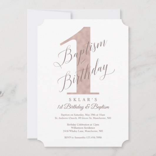 Invitation Élégant Script Rose Baby's 1st Birthday & Baptism (Devant)