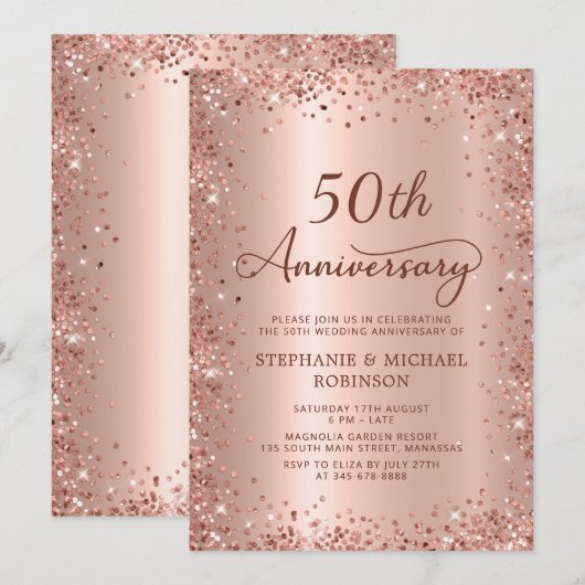 Invitation Élégant Script Rose Gold 50e anniversaire Mariage (Devant / Derrière)