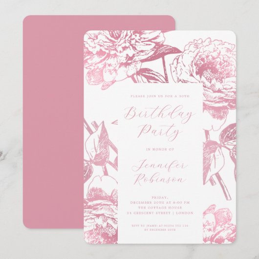 Invitation Élégant Script Rose Gold Floral fête d'anniversair (Devant / Derrière)