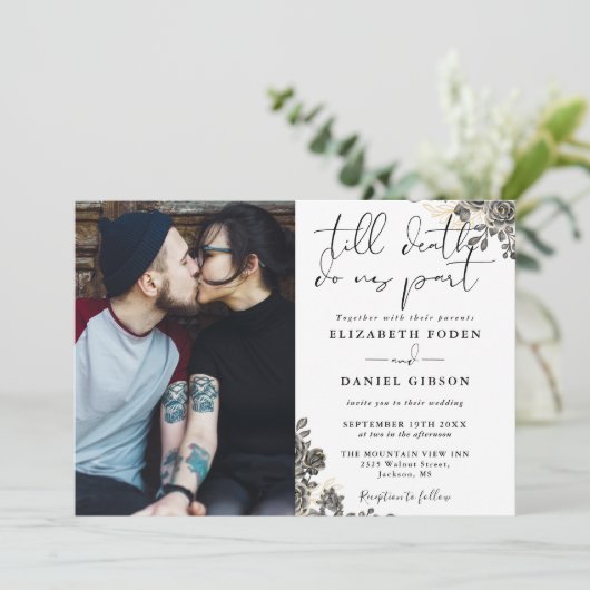 Invitation Élégant Script Rose gothique Floral Photo Mariage (Debout devant)