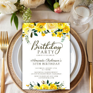 Invitation Élégant Script Rose jaune Floral 70e anniversaire