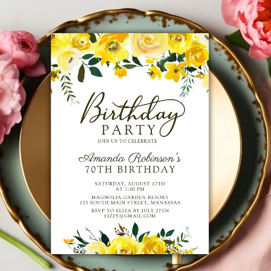 Invitation Élégant Script Rose jaune Floral 70e anniversaire