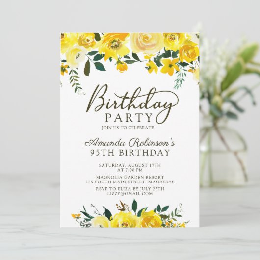 Invitation Élégant Script Rose jaune Floral 95e anniversaire (Debout devant)