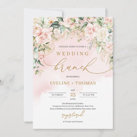 Invitation Élégant script rose pastel roses brunch mariage (Devant)