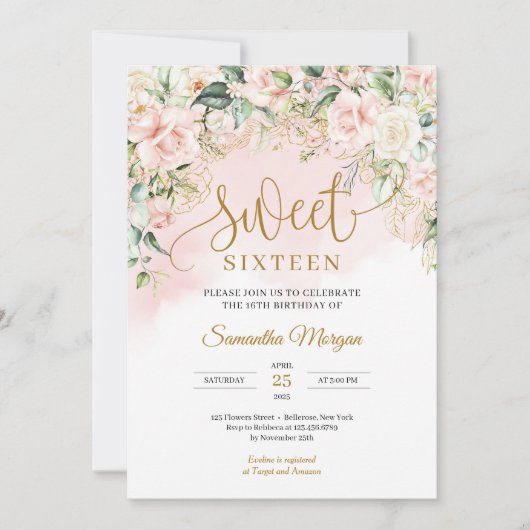 Invitation Élégant script rose pastel roses sweet sixteen (Devant)
