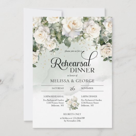 Invitation Élégant script roses blanches et répétition d'or (Devant)