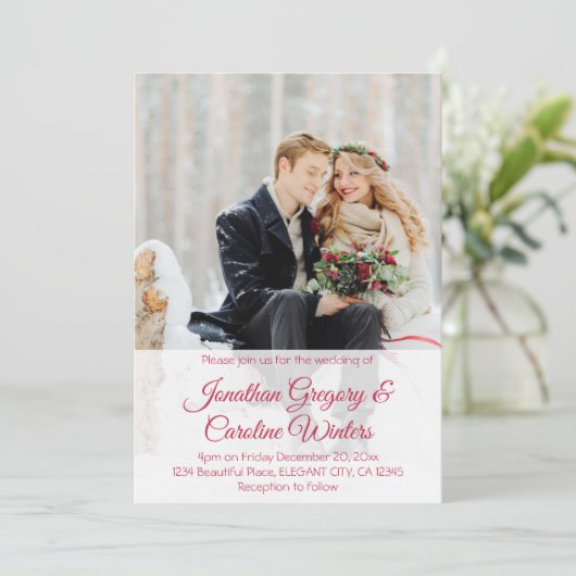 Invitation Élégant script rouge 2 photo mariage d'hiver (Debout devant)