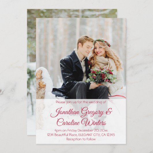 Invitation Élégant script rouge 2 photo mariage d'hiver (Devant / Derrière)