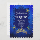 Invitation Élégant script, Royal Blue Quinceanera, Gold Tiara (Devant)
