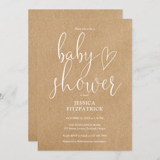 Invitation Élégant Script Rustique Kraft Tout en un Baby show (Devant / Derrière)