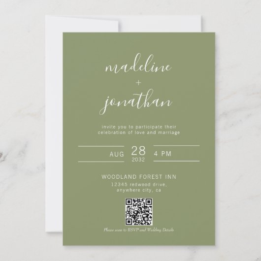 Invitation Élégant Script Sage Green Photo QR Code Mariage (Dos)