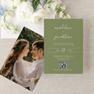Invitation Élégant Script Sage Green Photo QR Code Mariage