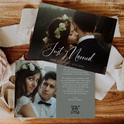 Invitation Elegant Script Sage Green | QR Code Just Married