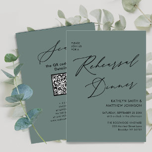 Invitation Élégant Script Sage Green Rehearsal Dinner Code QR