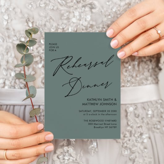 Invitation Élégant Script Sage Green Rehearsal Dinner Code QR