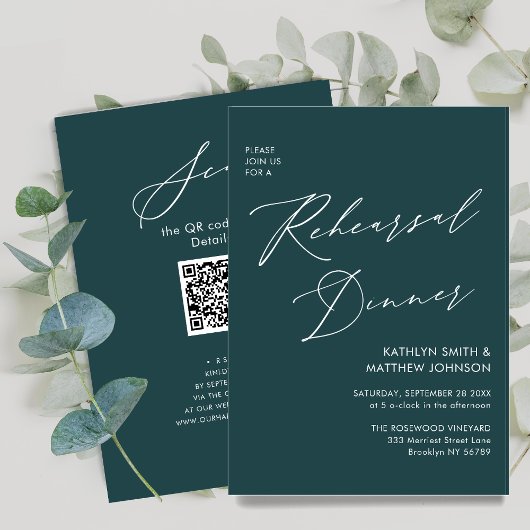Invitation Élégant Script Sage Green Rehearsal Dinner Code QR