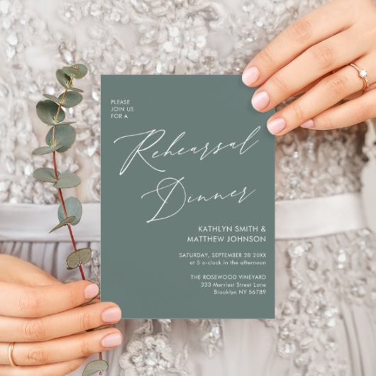 Invitation Élégant Script Sage Green Rehearsal Dinner Code QR