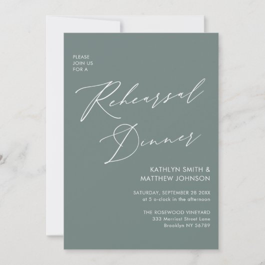 Invitation Élégant Script Sage Green Rehearsal Dinner Code QR (Devant)