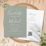 Invitation Élégant Script Sage Green Simple QR Code Mariage<br><div class="desc">Doté de noms de style signature,  cet élégant faire-part de mariage vert sauge peut être personnalisé avec toutes vos informations spéciales sur le jour de mariage sur le devant,  les détails de votre site Web mariage,  et votre code QR au verso. Conçu par Thisisnotme©</div>