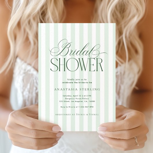 Invitation Elegant Script Sage Green Stripes Bridal Shower