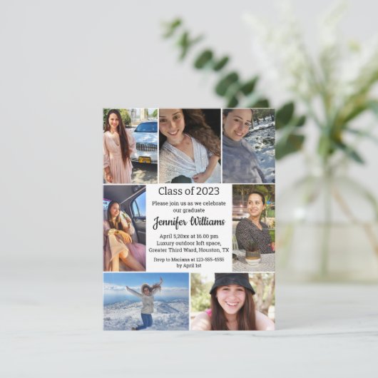 Invitation élégant script sept photos fête de graduation (Debout devant)