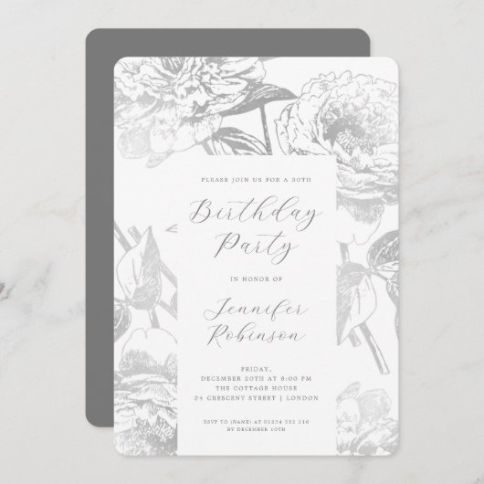 Invitation Élégant Script Silver Floral fête d'anniversaire (Devant / Derrière)
