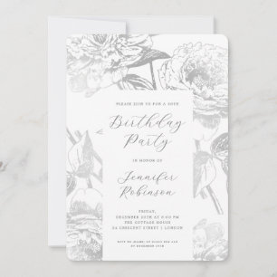 Invitation Élégant Script Silver Floral fête d'anniversaire