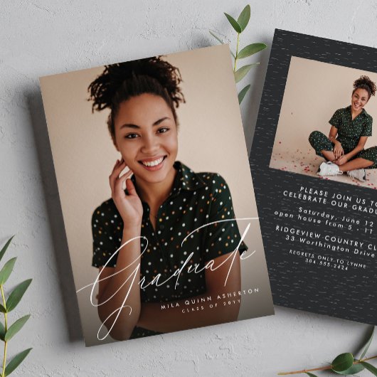 Invitation Élégant script simple diplômé deux photos