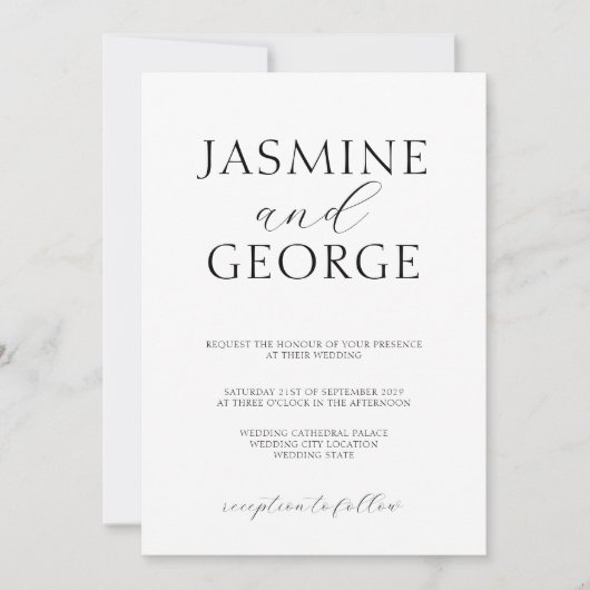 Invitation Élégant Script Simple Mariage noir et blanc (Devant)