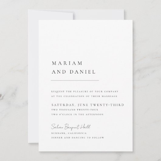 Invitation Élégant Script Simple Mariage noir et blanc (Devant)