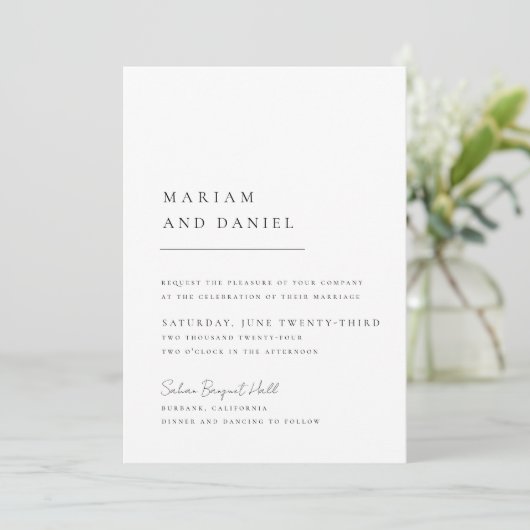 Invitation Élégant Script Simple Mariage noir et blanc (Debout devant)