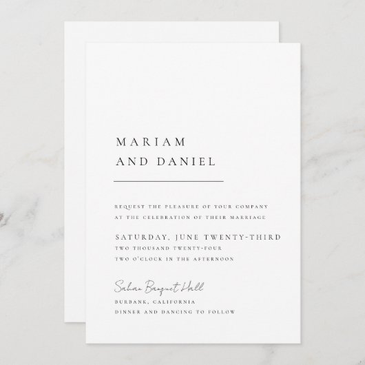 Invitation Élégant Script Simple Mariage noir et blanc (Devant / Derrière)