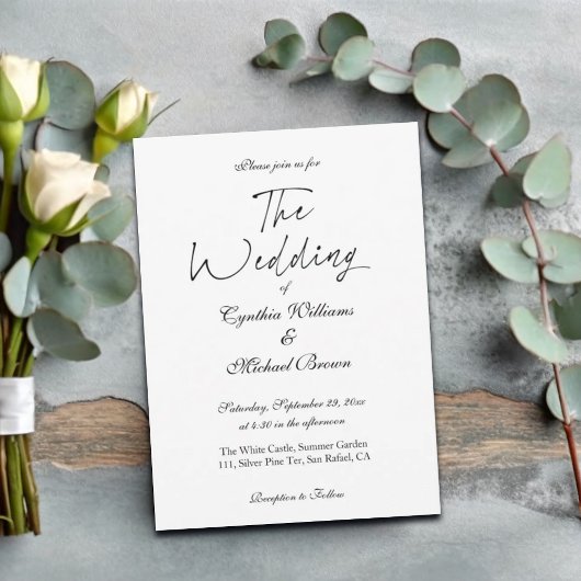 Invitation Élégant Script Simple Mariage noir et blanc