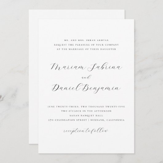 Invitation Élégant Script Simple Mariage noir et blanc (Devant / Derrière)