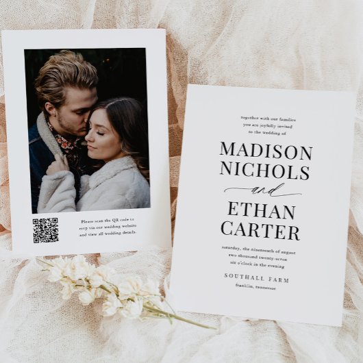 Invitation Élégant script simple QR Code Mariage photo