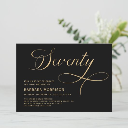 Invitation Élégant Script Soixante-dix Black Gold 70e anniver (Debout devant)