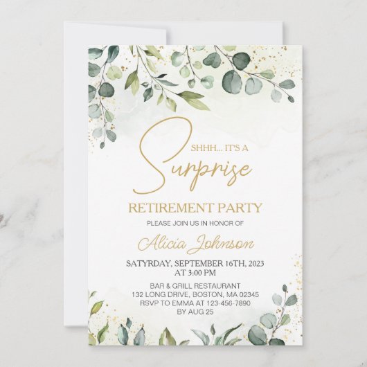 Invitation Élégant Script Surprise Retraite Party (Devant)