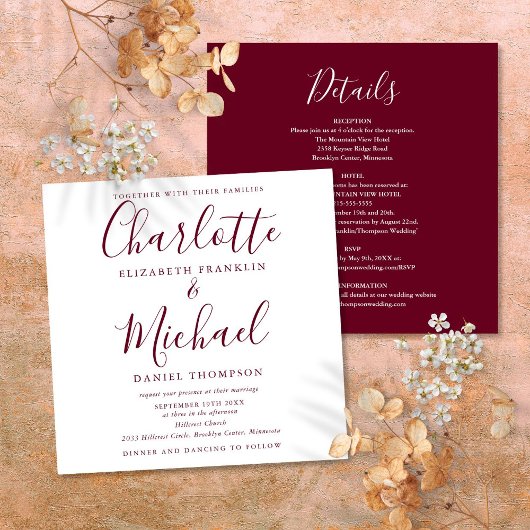 Invitation Élégant Script Tout En Un Mariage Bordeaux