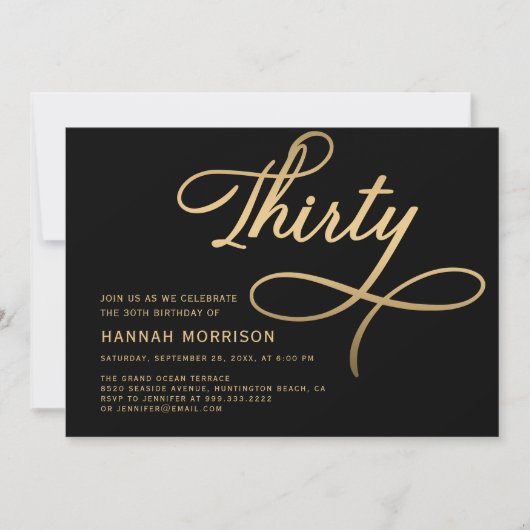 Invitation Élégant Script Trente Black Gold 30e anniversaire (Devant)