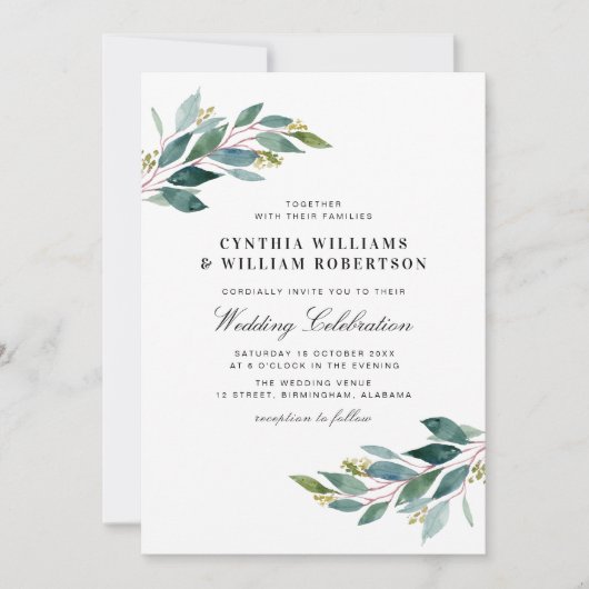 Invitation Élégant script vert mariage eucalyptus (Devant)
