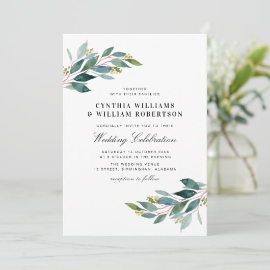 Invitation Élégant script vert mariage eucalyptus (Debout devant)