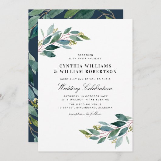 Invitation Élégant script vert mariage eucalyptus (Devant / Derrière)