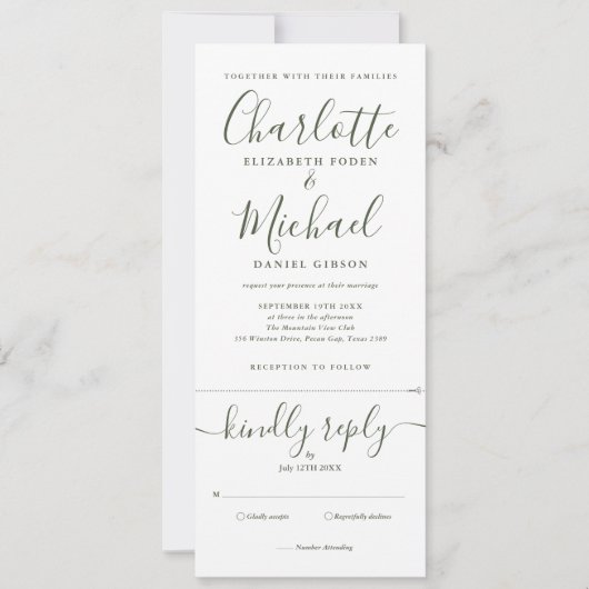 Invitation Élégant Script Vert Olive Tout en un Mariage (Devant)