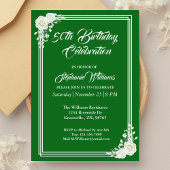 Invitation Élégant Script Vert Rose blanche 50e anniversaire