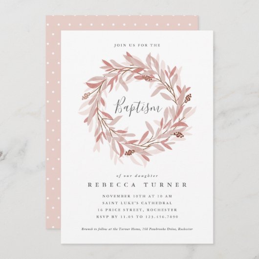 Invitation Élégant Script Wreath Aquarelle Baptême (Devant / Derrière)