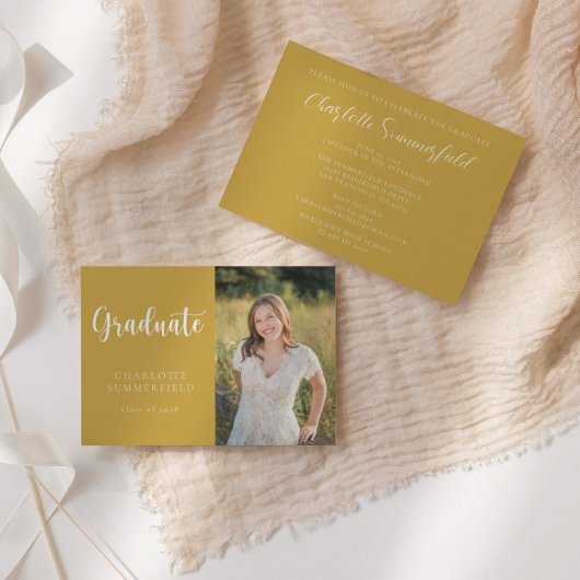 Invitation Élégant Script Yellow Gold Photo Graduation