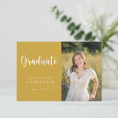 Invitation Élégant Script Yellow Gold Photo Graduation (Debout devant)